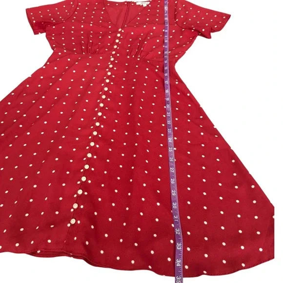 Madewell Button-Front Swing Dress Red White Polka Dot Short Sleeve Mini Size 2 - Picture 9 of 10